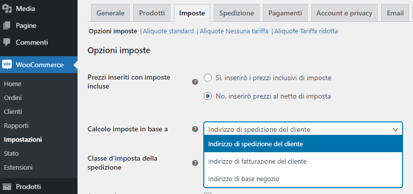 WooCommerce opzioni tasse